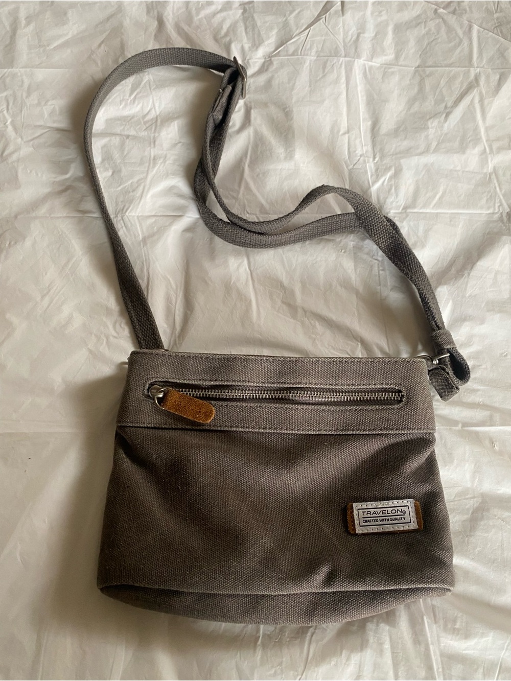 Travelon Gray Canvas Crossbody Bag with Brown Accent